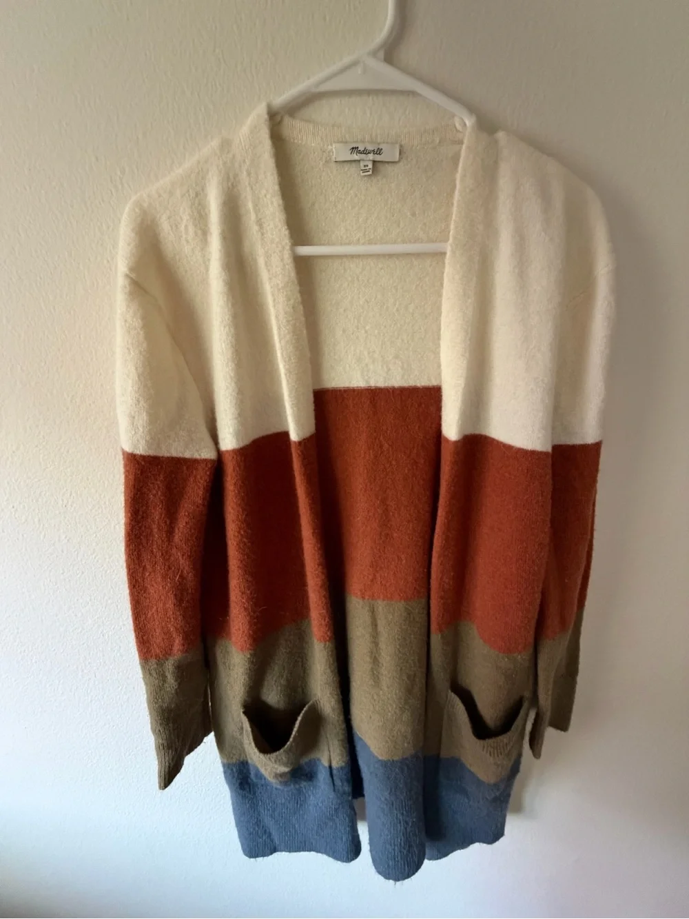 Madewell Cream Rust Olive Blue Colorblock Open Cardigan